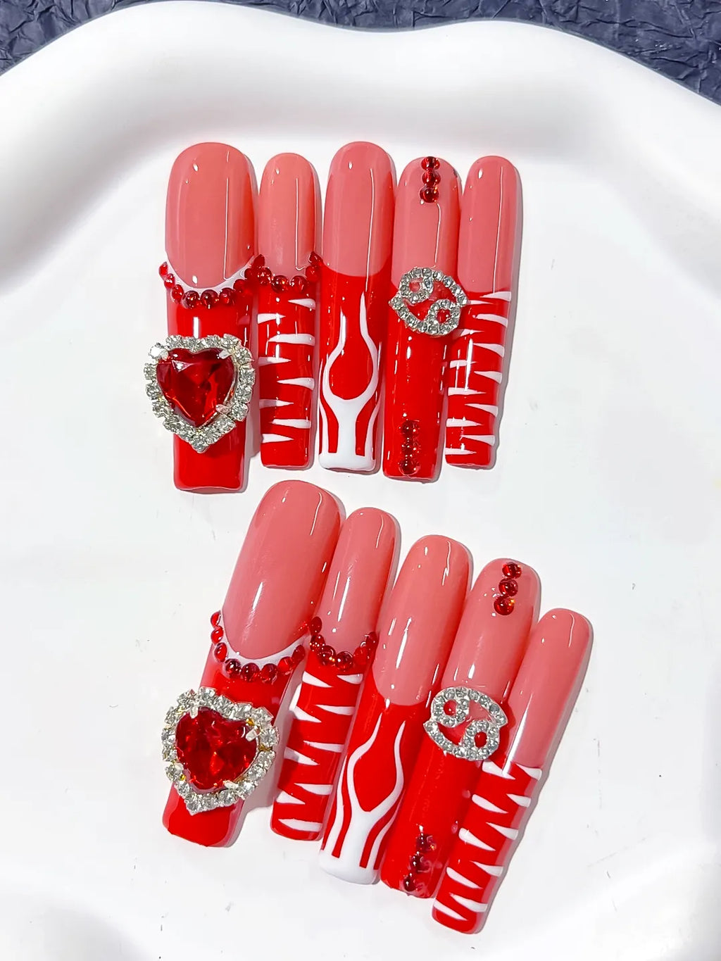 Nude Red White Silver Abstract Heart Rhinestone press on nails detail view