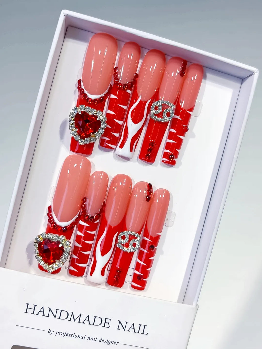 Nude Red White Silver Abstract Heart Rhinestone press on nails