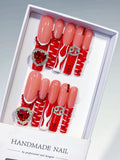 Nude Red White Silver Abstract Heart Rhinestone press on nails