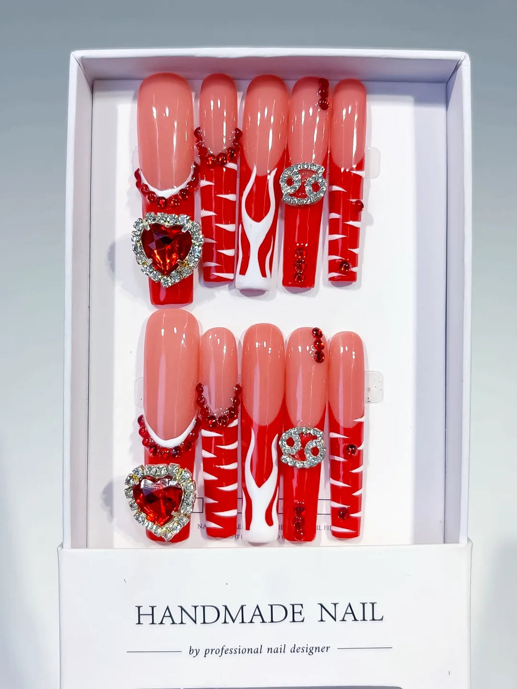 Nude Red White Silver Abstract Heart Rhinestone press on nails full set view