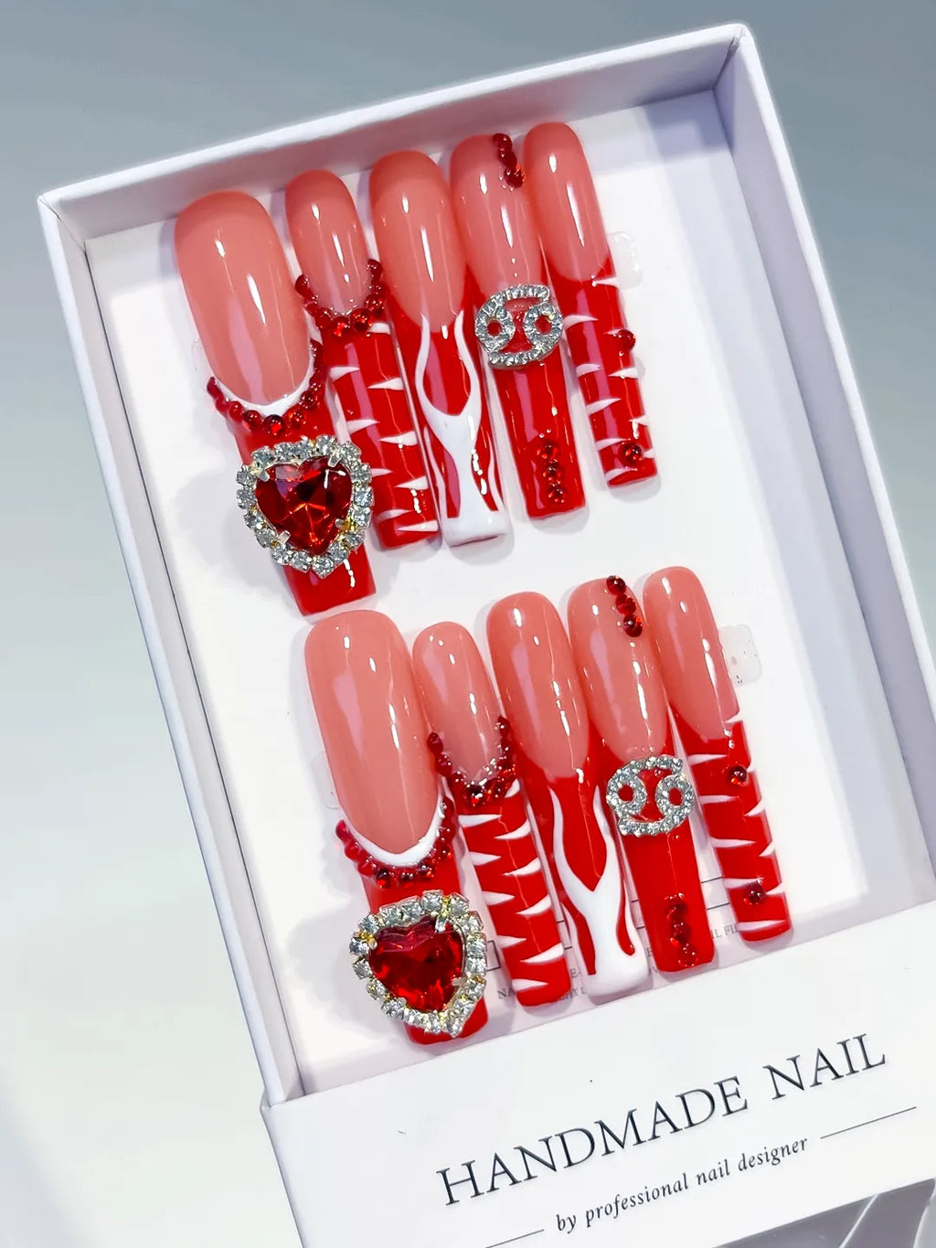 Nude Red White Silver Abstract Heart Rhinestone press on nails angled view
