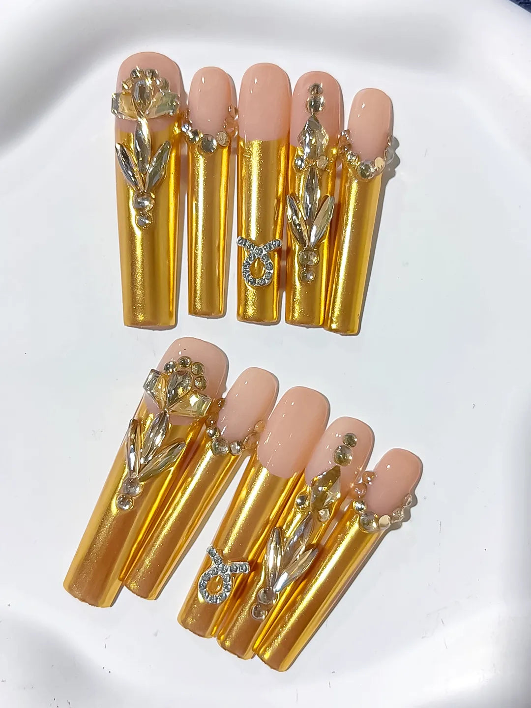 Nude Gold Silver Metallic Rhinestone press on nails close up