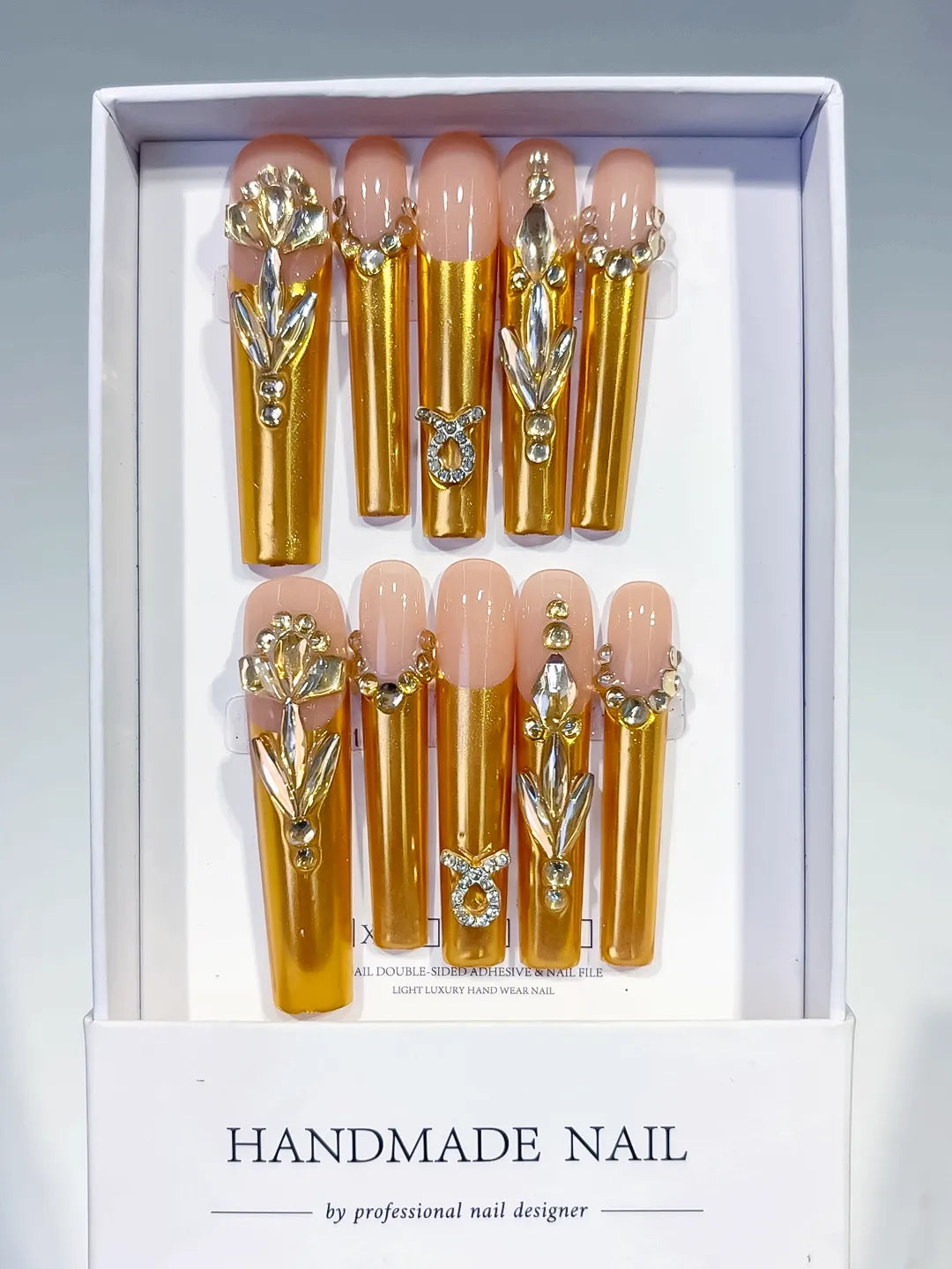 Nude Gold Silver Metallic Rhinestone press on nails full set view