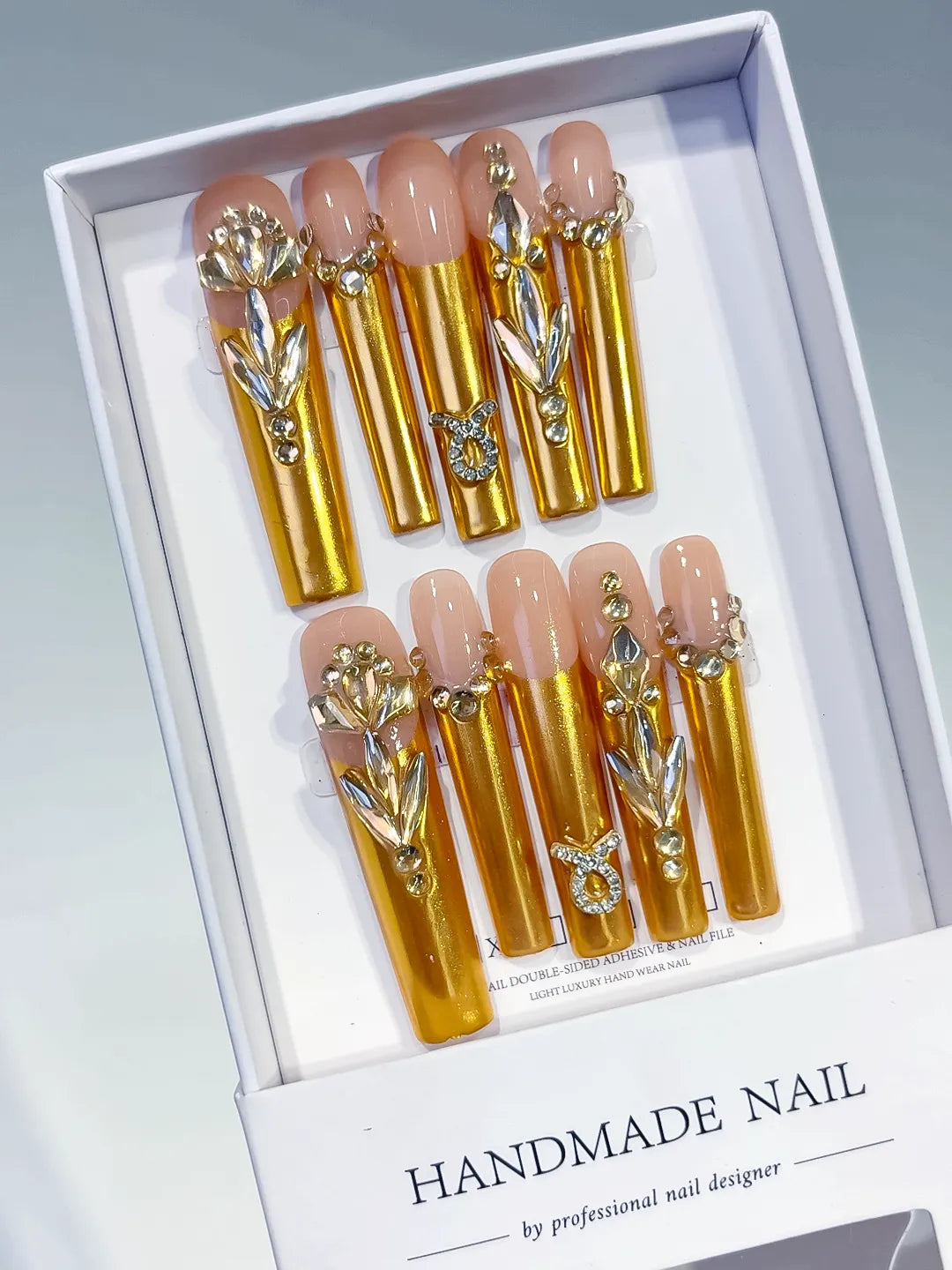 Nude Gold Silver Metallic Rhinestone press on nails angled view