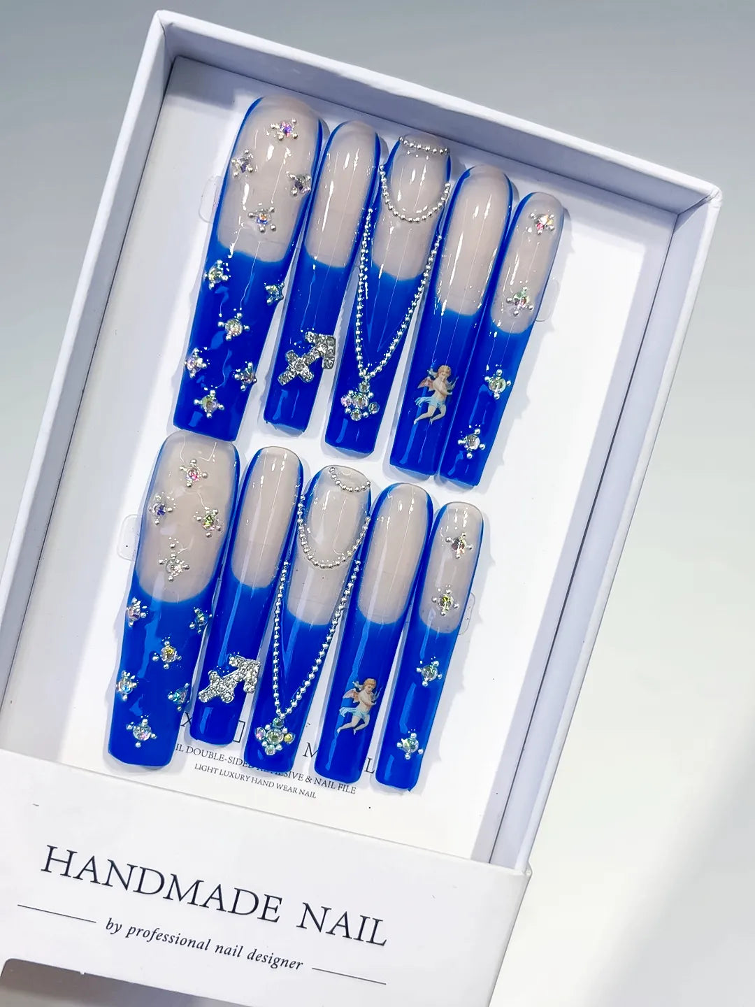 Nude Blue White Silver French tip Angel Cross Pearl Rhinestone press on nails