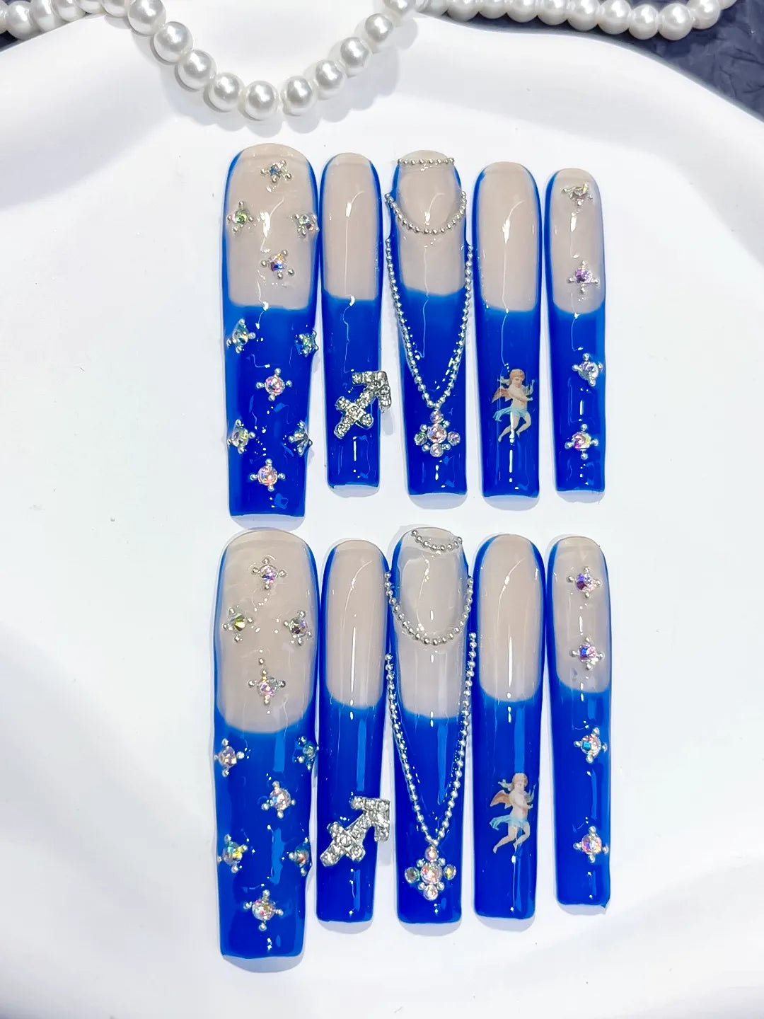 Nude Blue White Silver French tip Angel Cross Pearl Rhinestone press on nails detail view
