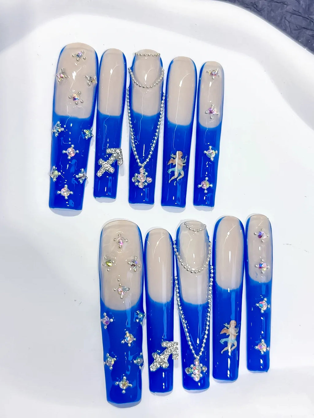 Nude Blue White Silver French tip Angel Cross Pearl Rhinestone press on nails detail view