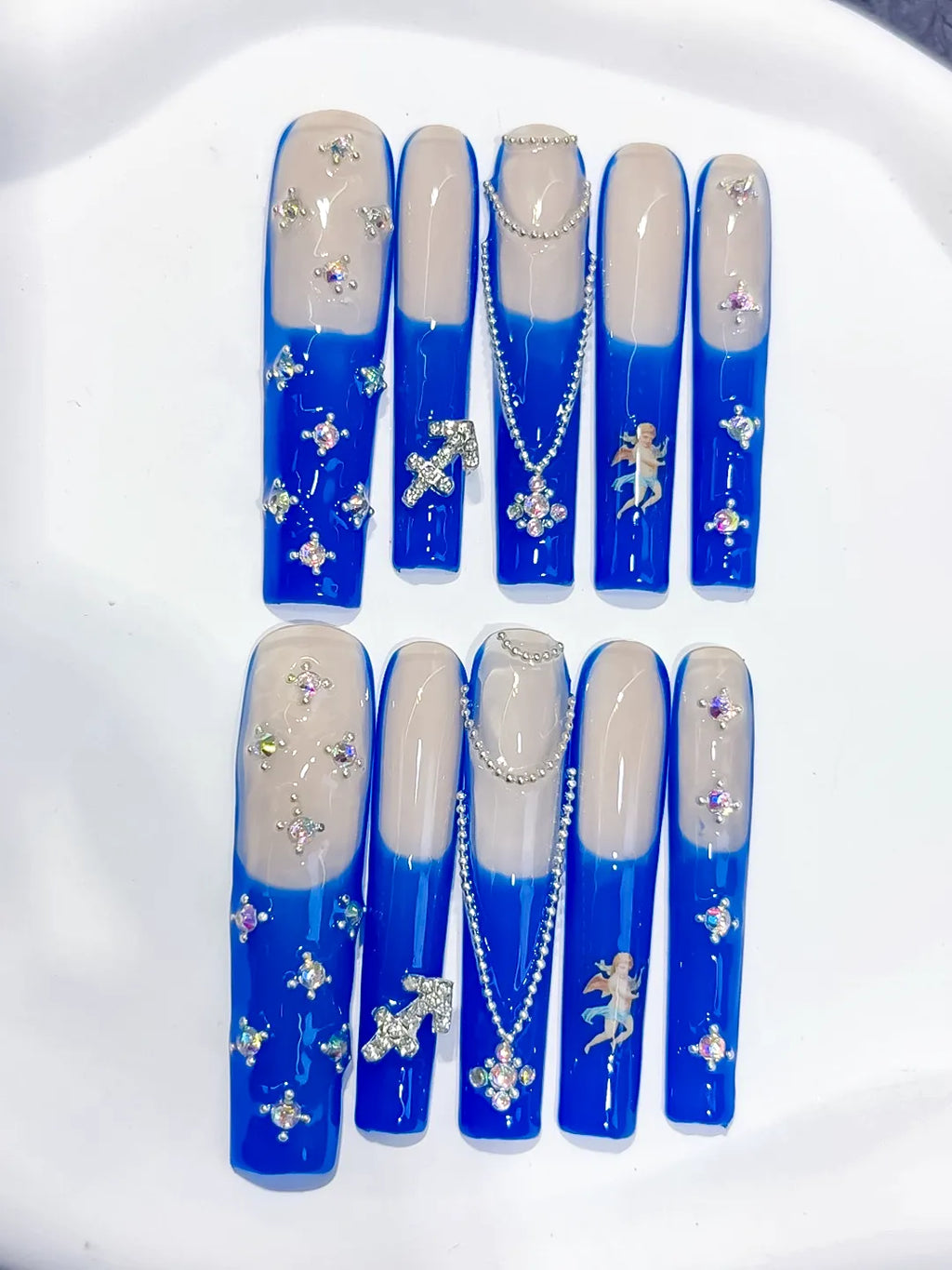 Nude Blue White Silver French tip Angel Cross Pearl Rhinestone press on nails detail view