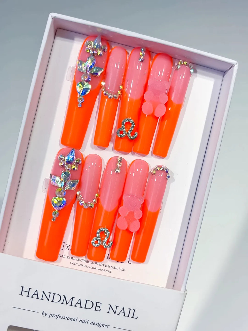 Orange Pink Silver Multicolor Ombre Bear Rhinestone 3D press on nails