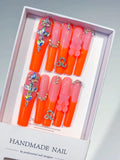 Orange Pink Silver Multicolor Ombre Bear Rhinestone 3D press on nails