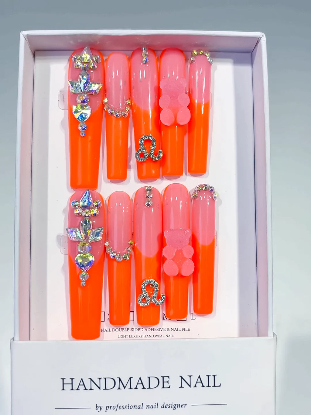 Orange Pink Silver Multicolor Ombre Bear Rhinestone 3D press on nails full set view
