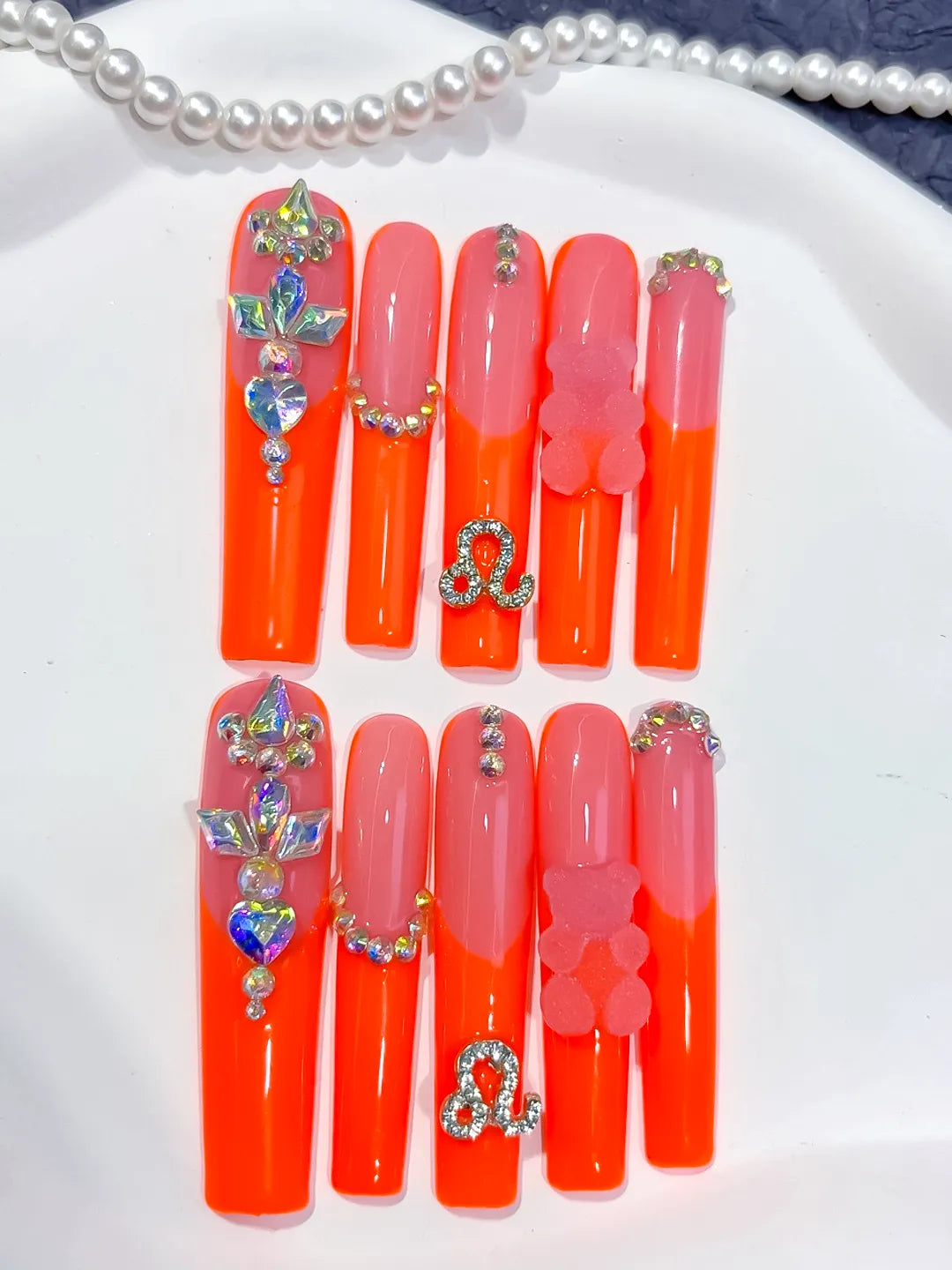 Orange Pink Silver Multicolor Ombre Bear Rhinestone 3D press on nails detail view