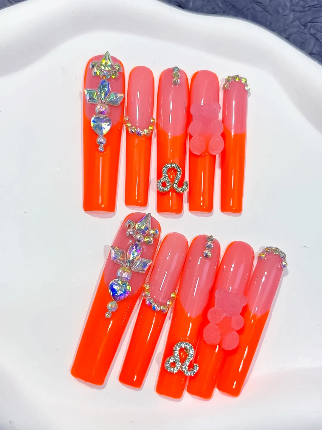 Orange Pink Silver Multicolor Ombre Bear Rhinestone 3D press on nails close up