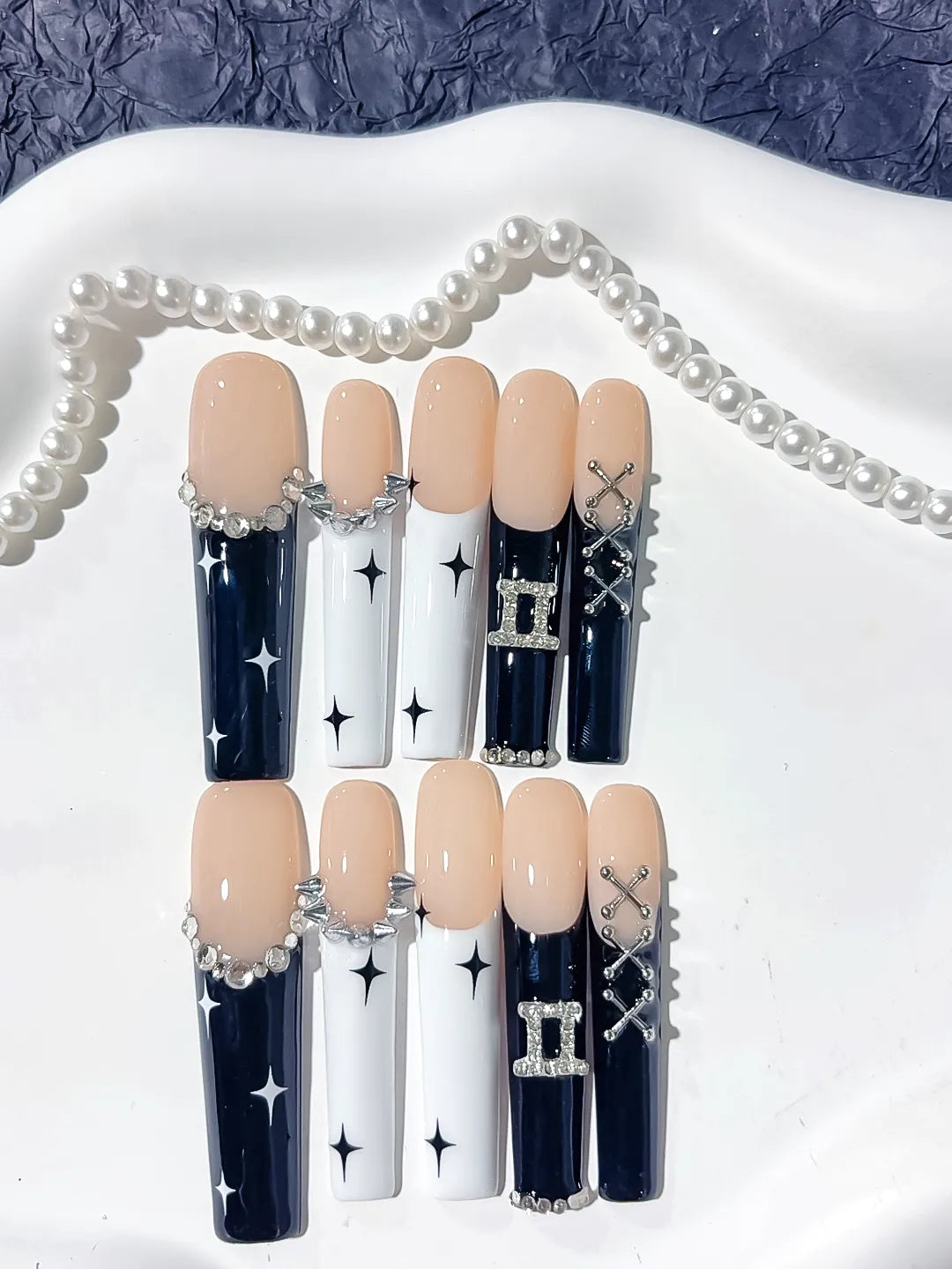 Nude Black White Silver French tip Star Chain Buckle Rhinestone press on nails close up