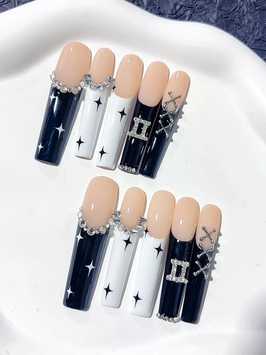 Nude Black White Silver French tip Star Chain Buckle Rhinestone press on nails detail view
