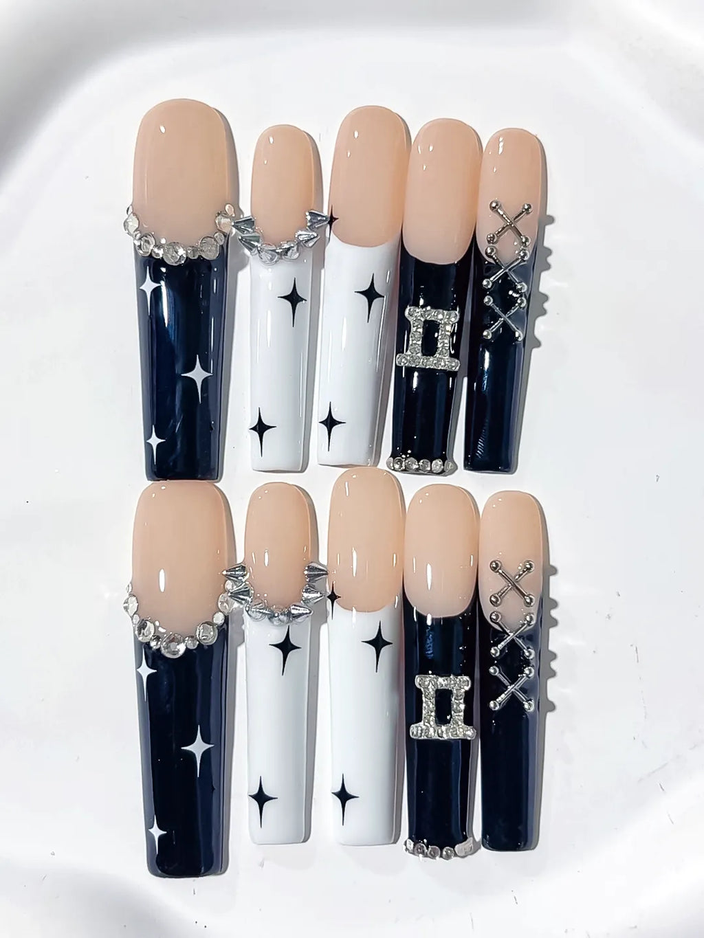 Nude Black White Silver French tip Star Chain Buckle Rhinestone press on nails detail view