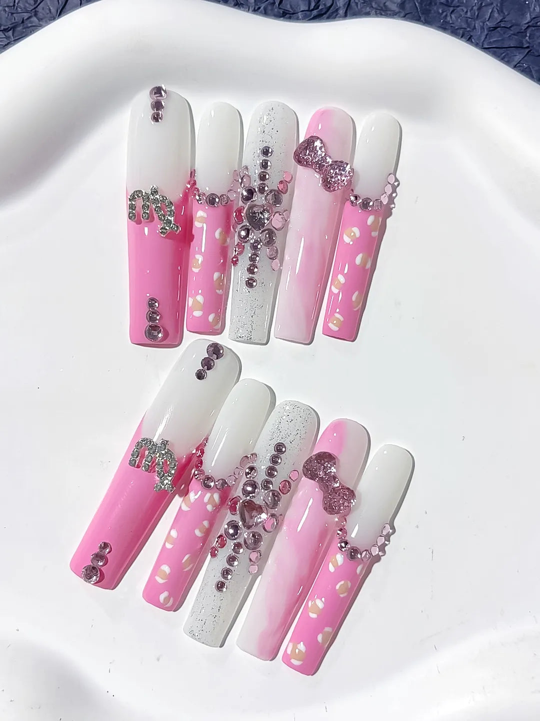Pink White Silver Solid color Bow Heart Rhinestone press on nails close up