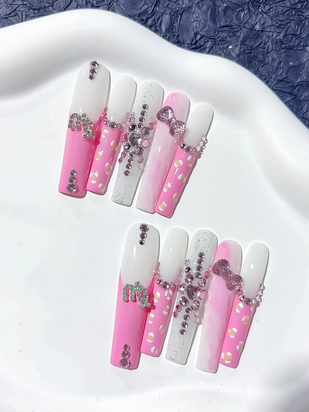 Pink White Silver Solid color Bow Heart Rhinestone press on nails detail view