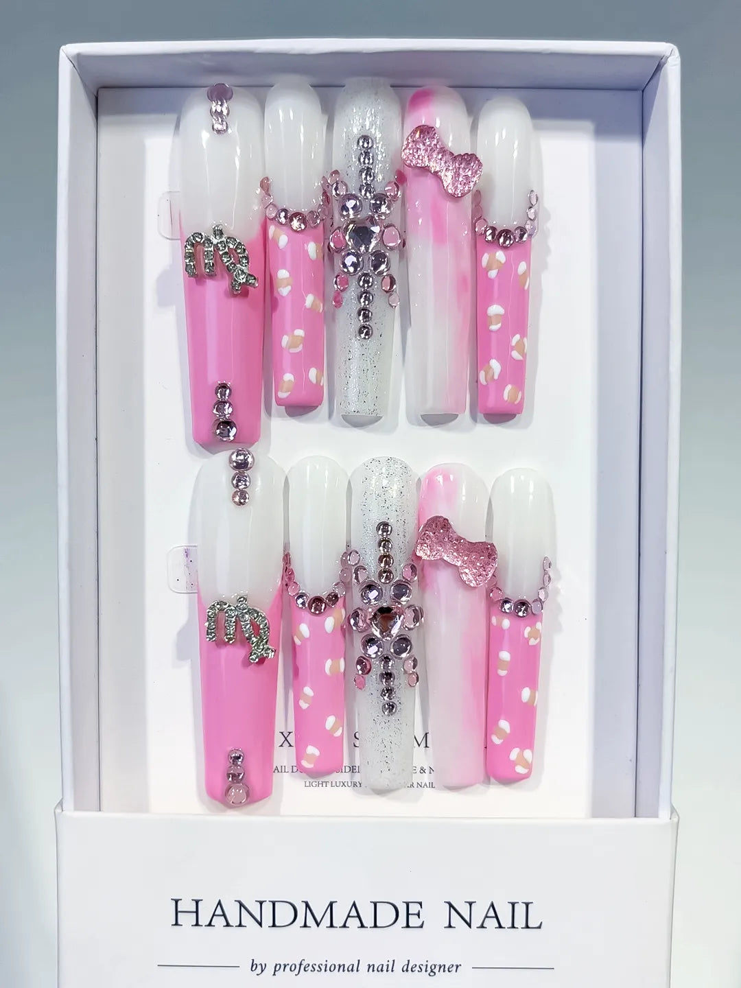 Pink White Silver Solid color Bow Heart Rhinestone press on nails full set view