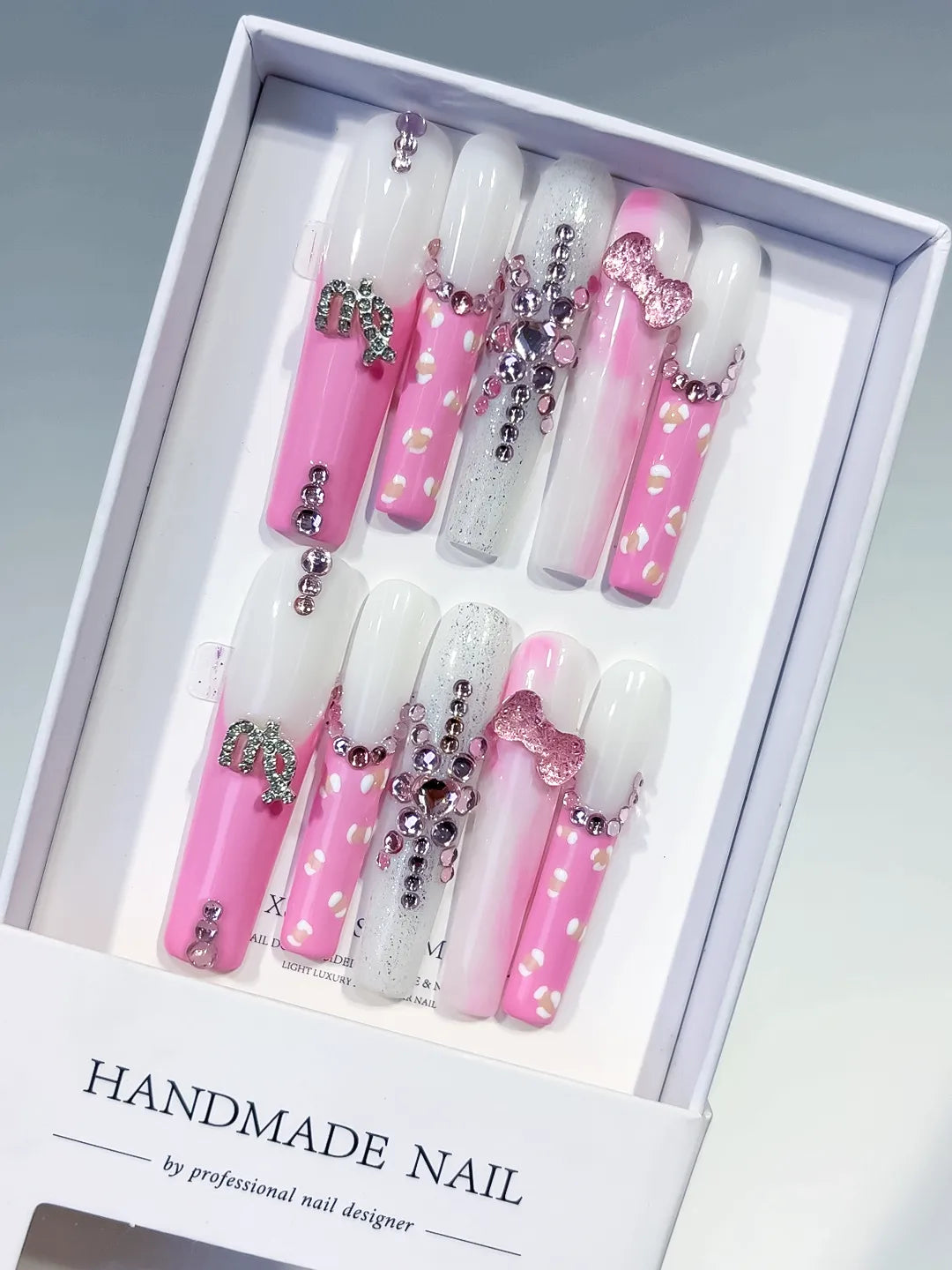 Pink White Silver Solid color Bow Heart Rhinestone press on nails