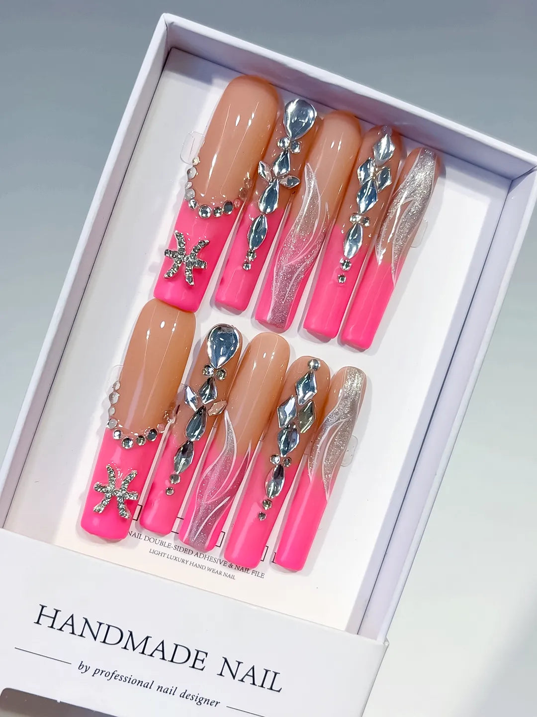 Nude Pink Silver Abstract Starfish Rhinestone press on nails