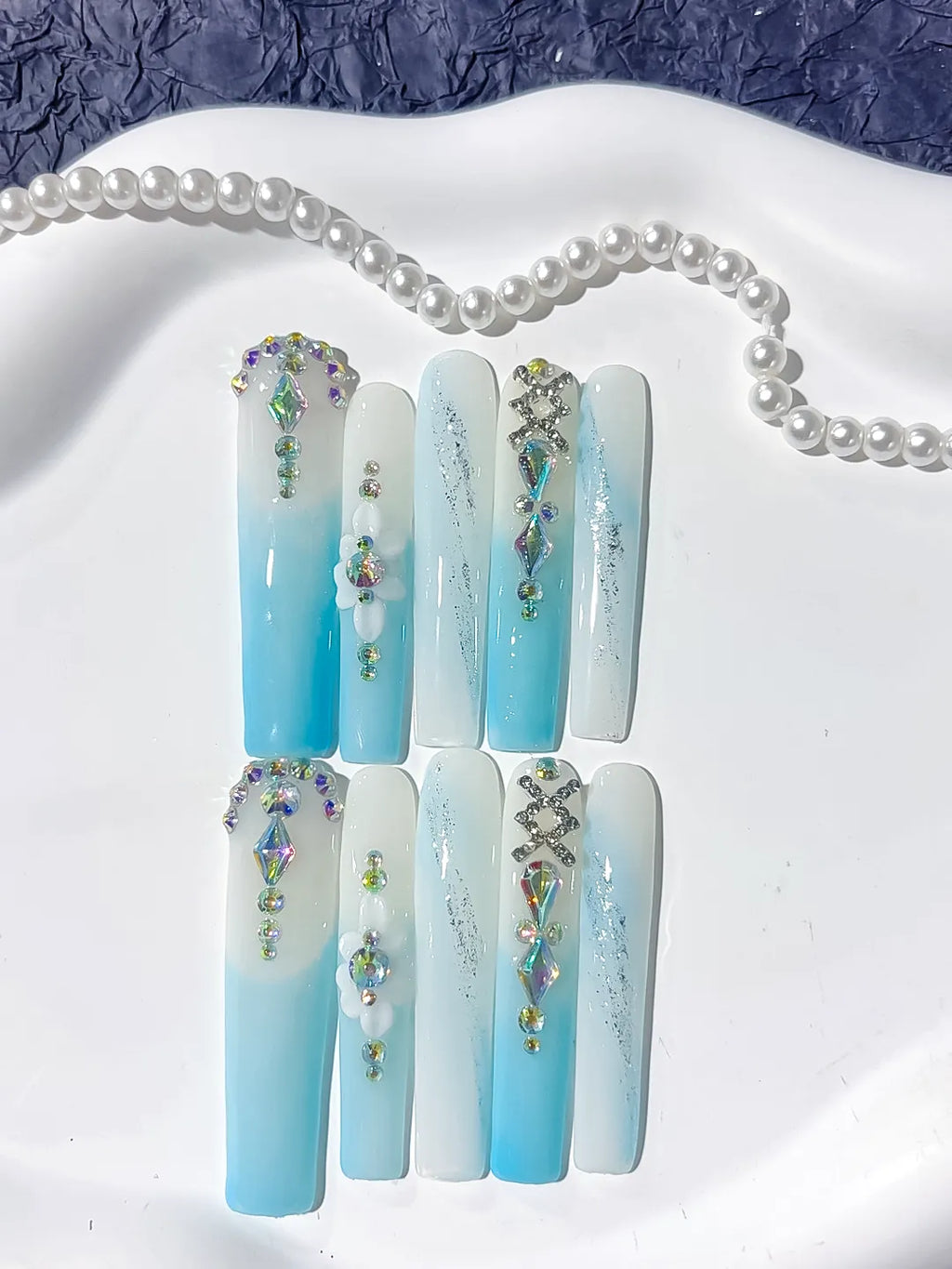 White Blue Silver Multicolor Ombre Flower Snowflake Rhinestone press on nails detail view