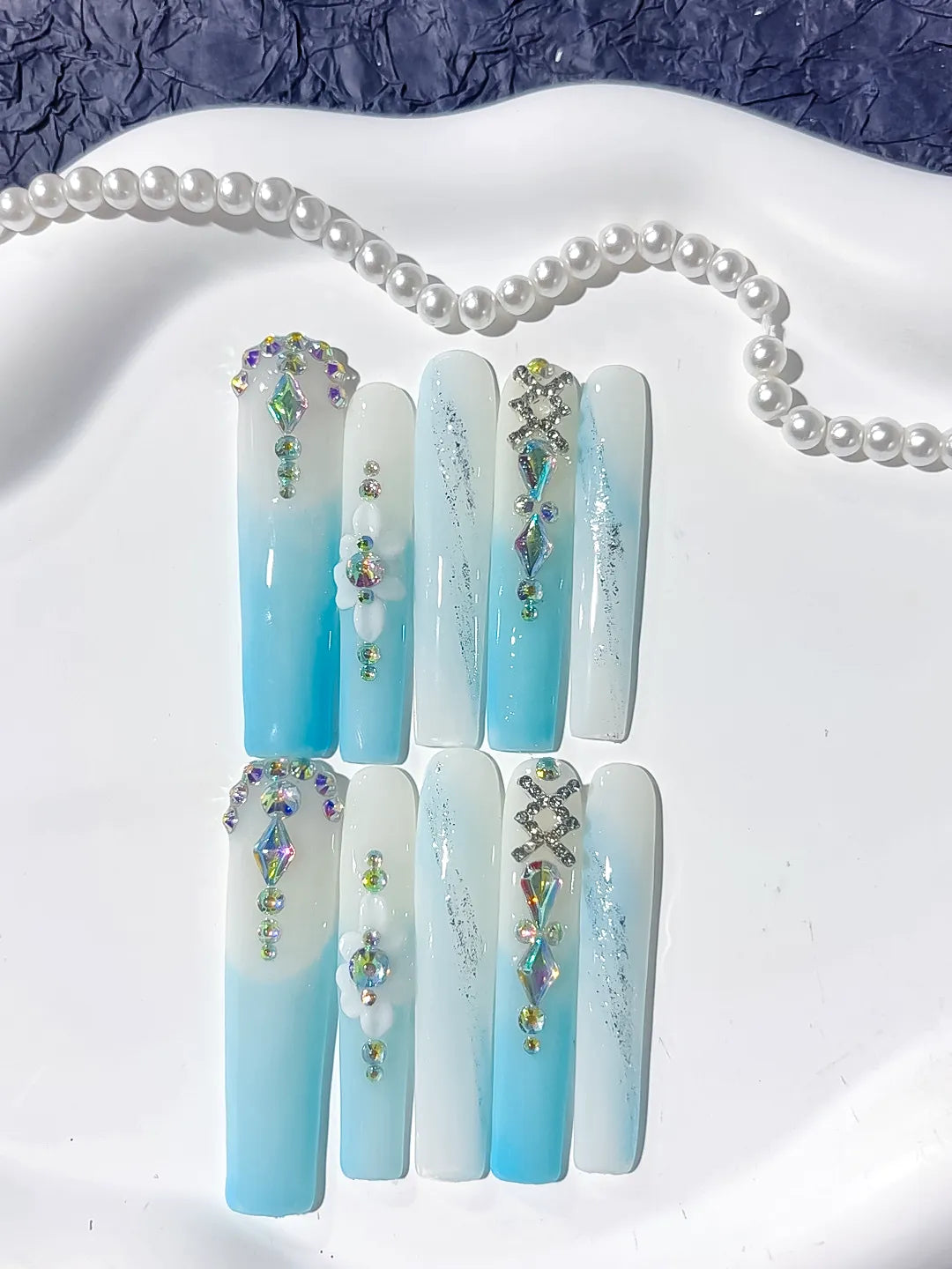 White Blue Silver Multicolor Ombre Flower Snowflake Rhinestone press on nails detail view