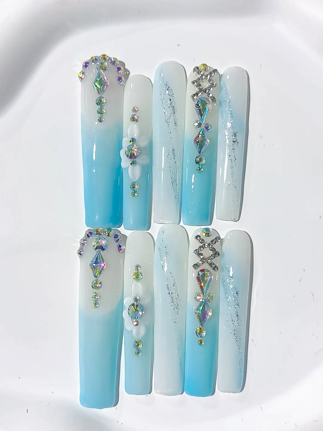 White Blue Silver Multicolor Ombre Flower Snowflake Rhinestone press on nails close up