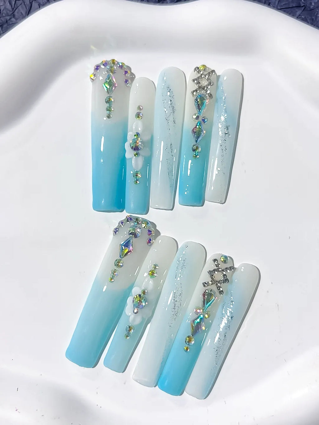 White Blue Silver Multicolor Ombre Flower Snowflake Rhinestone press on nails detail view
