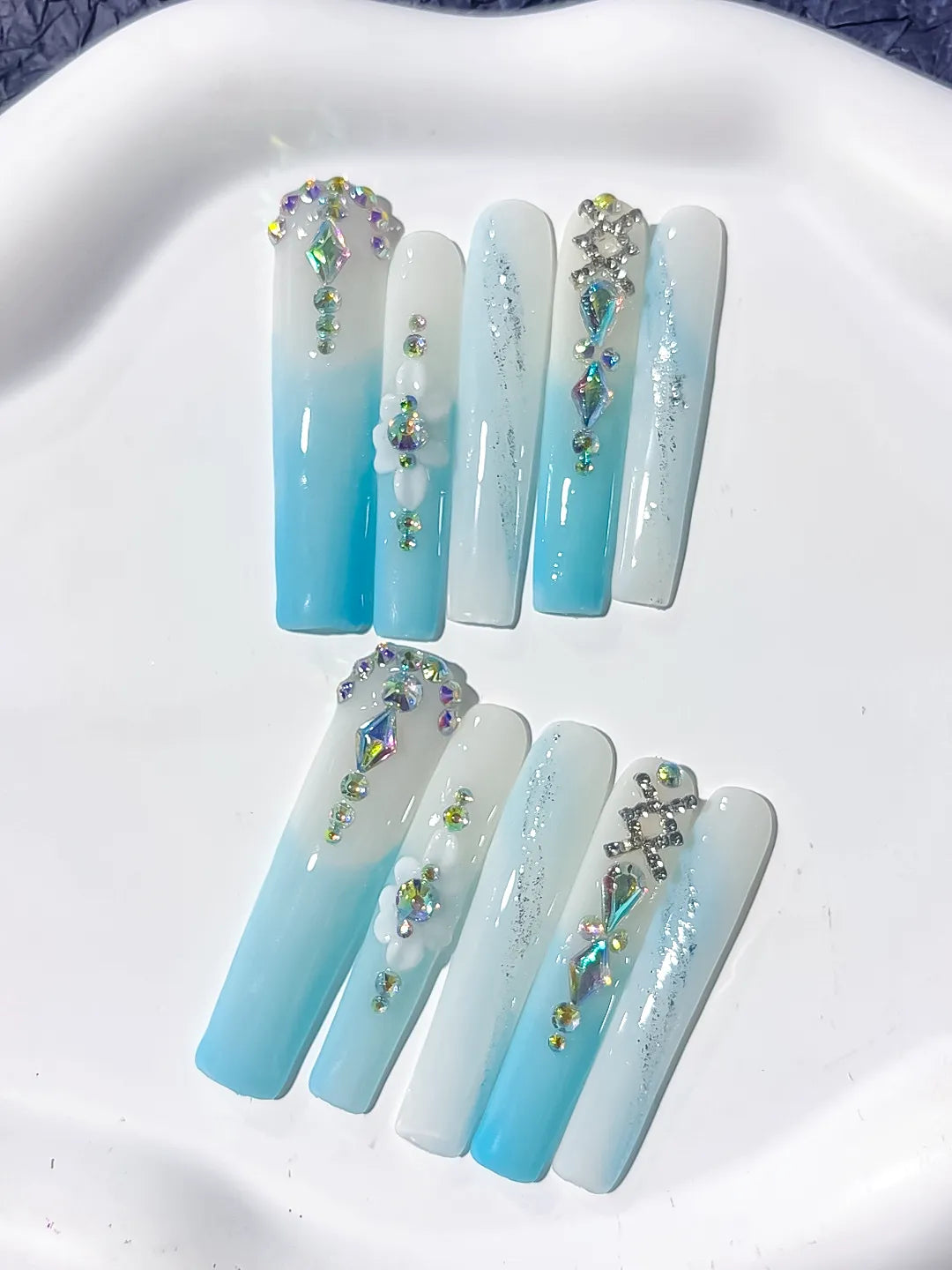 White Blue Silver Multicolor Ombre Flower Snowflake Rhinestone press on nails detail view