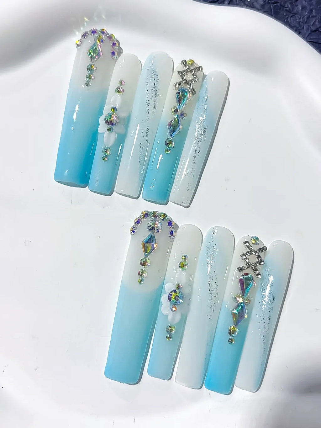 White Blue Silver Multicolor Ombre Flower Snowflake Rhinestone press on nails detail view