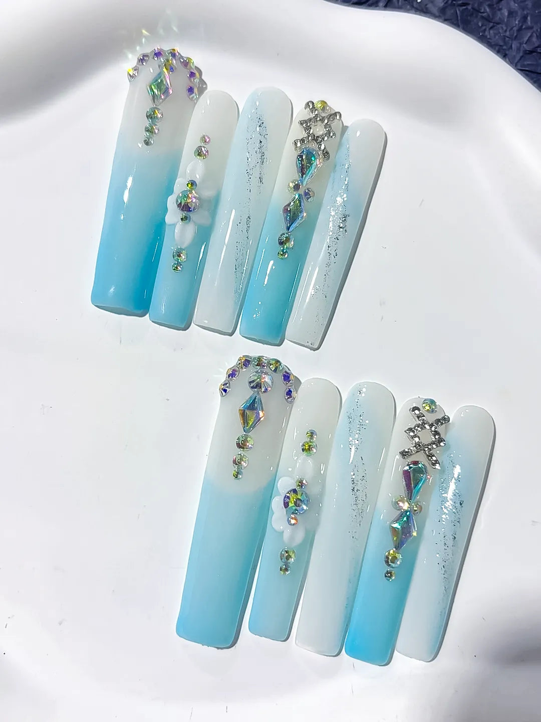 White Blue Silver Multicolor Ombre Flower Snowflake Rhinestone press on nails detail view