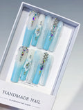 White Blue Silver Multicolor Ombre Flower Snowflake Rhinestone press on nails