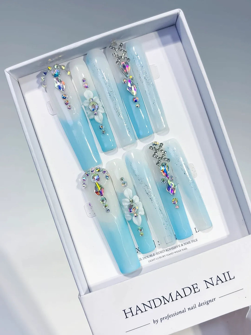 White Blue Silver Multicolor Ombre Flower Snowflake Rhinestone press on nails angled view