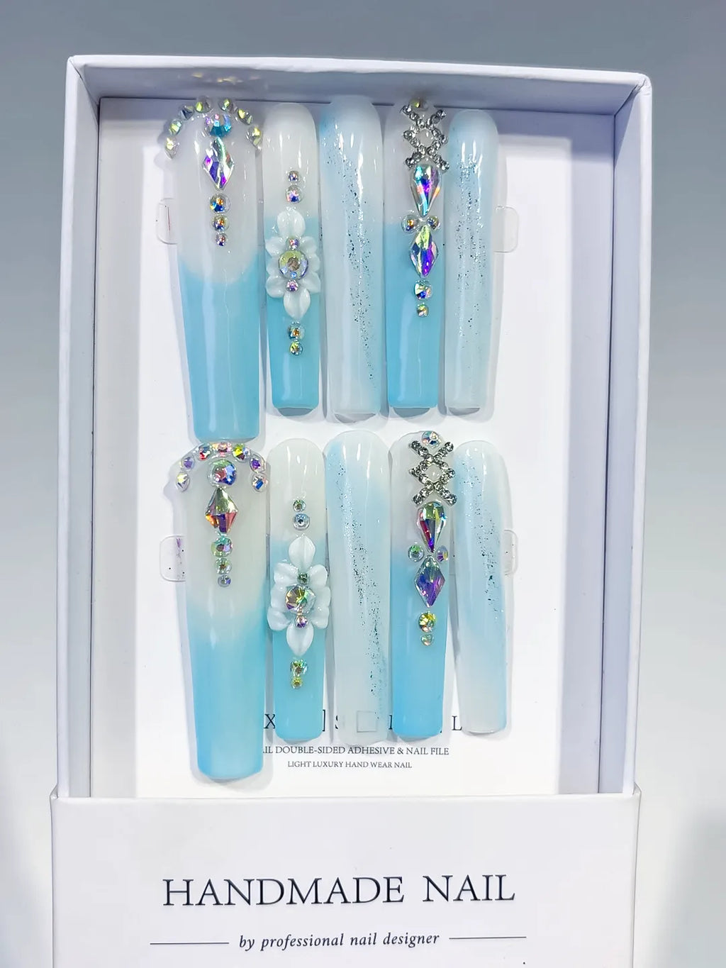 White Blue Silver Multicolor Ombre Flower Snowflake Rhinestone press on nails full set view