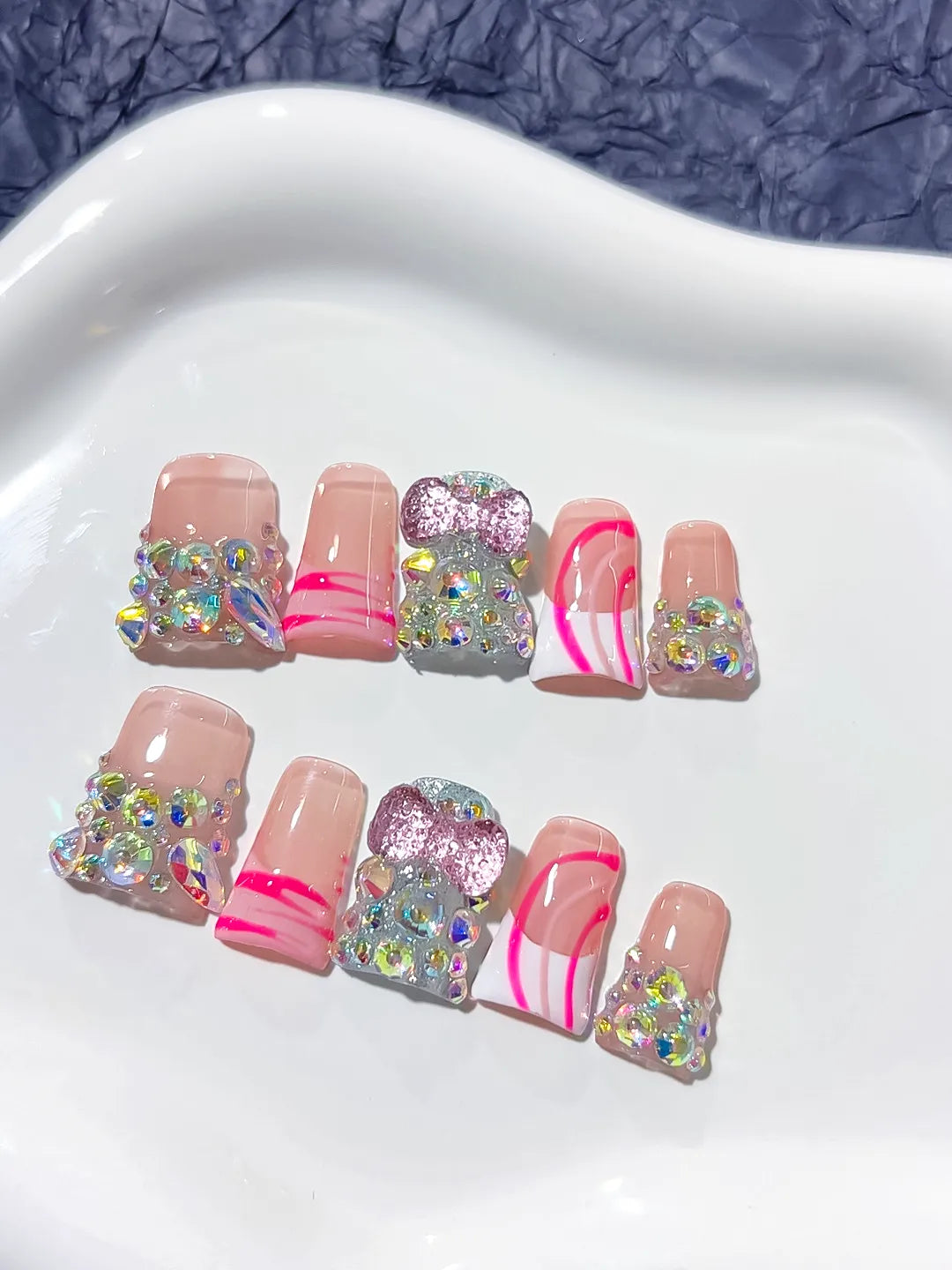 Nude White Pink Silver Abstract Heart Rhinestone press on nails close up