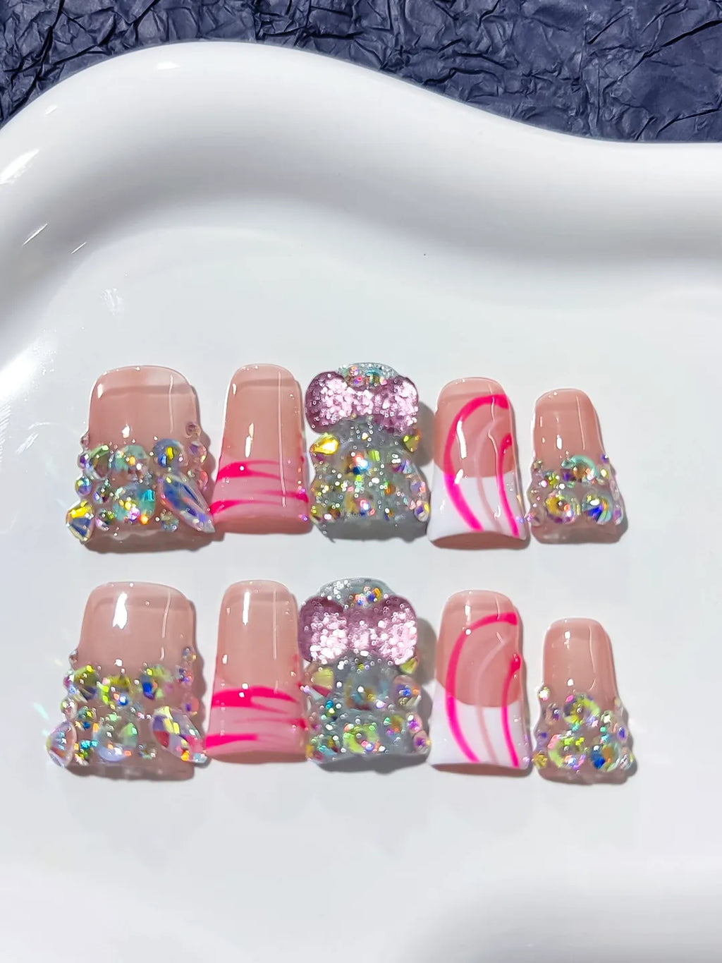Nude White Pink Silver Abstract Heart Rhinestone press on nails detail view