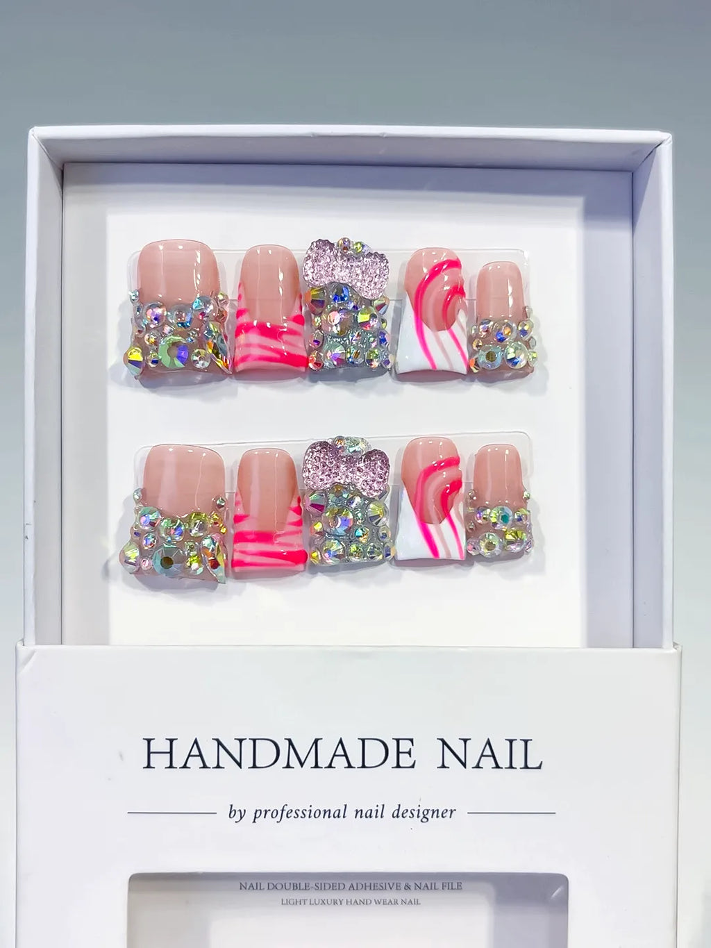 Nude White Pink Silver Abstract Heart Rhinestone press on nails full set view