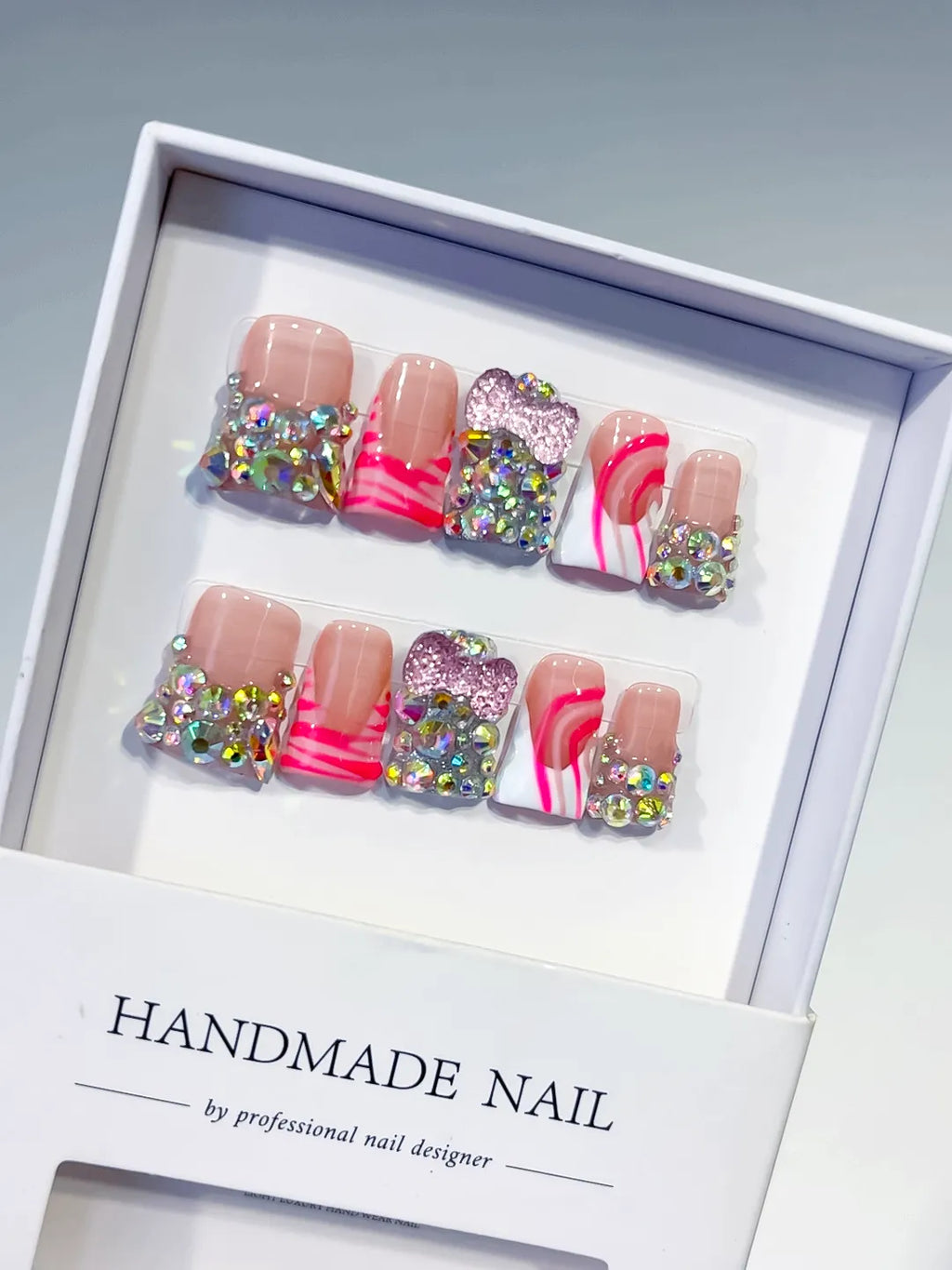 Nude White Pink Silver Abstract Heart Rhinestone press on nails