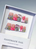Nude White Pink Silver Abstract Heart Rhinestone press on nails