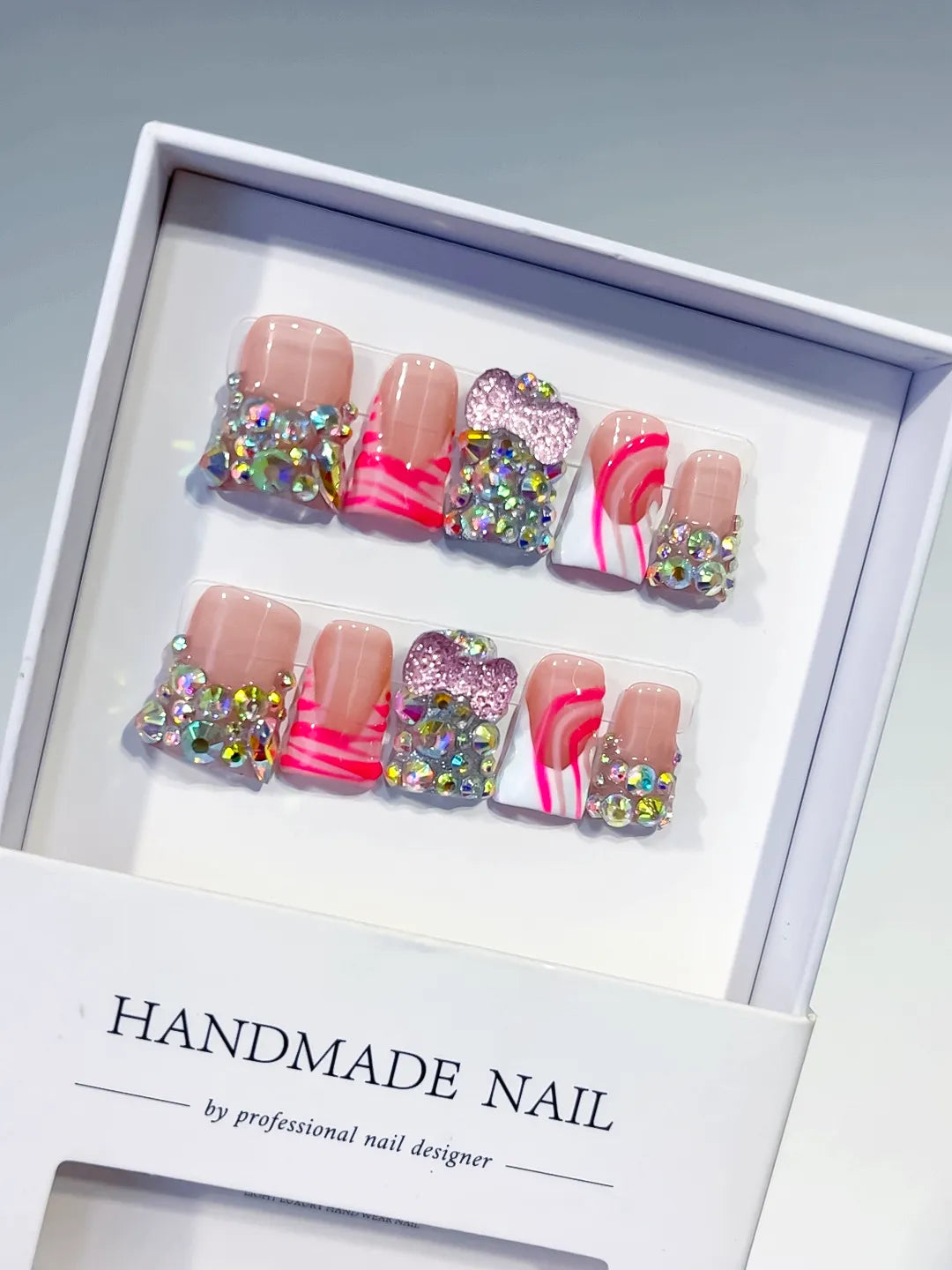 Nude White Pink Silver Abstract Heart Rhinestone press on nails