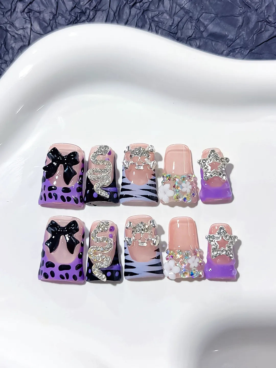 Nude Purple Black White Silver Abstract Bow Snake Star Flower Rhinestone press on nails detail view