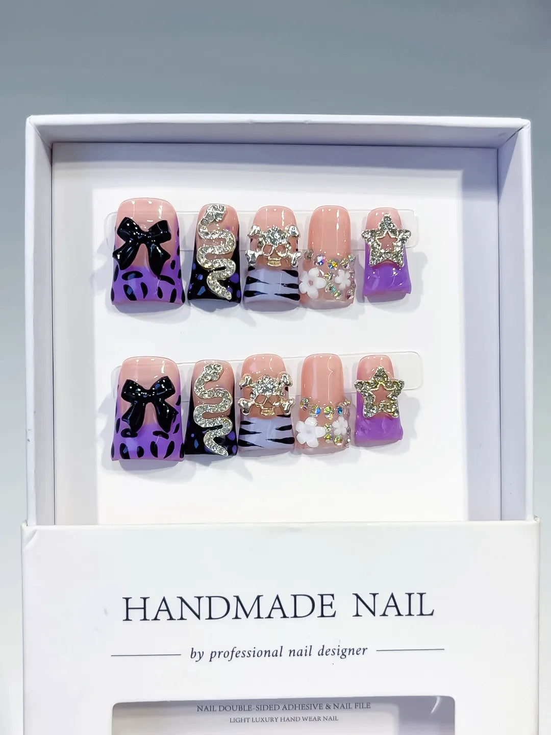 Nude Purple Black White Silver Abstract Bow Snake Star Flower Rhinestone press on nails full set view