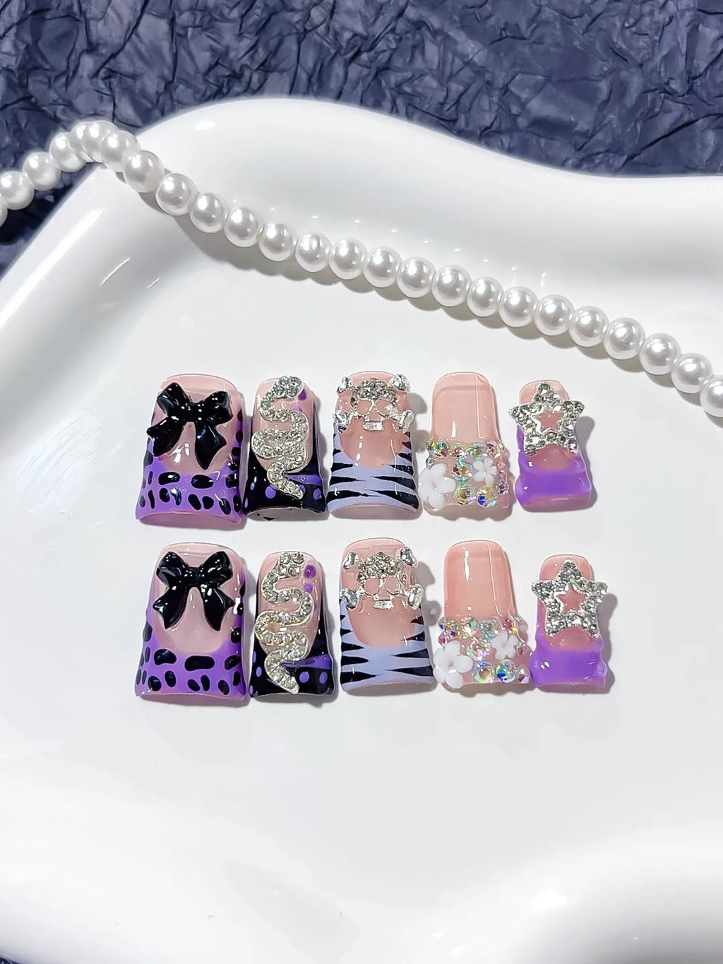 Nude Purple Black White Silver Abstract Bow Snake Star Flower Rhinestone press on nails close up