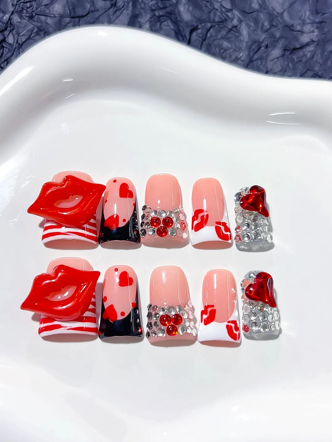 Nude Red White Silver Abstract Lip Heart Rhinestone 3D press on nails close up