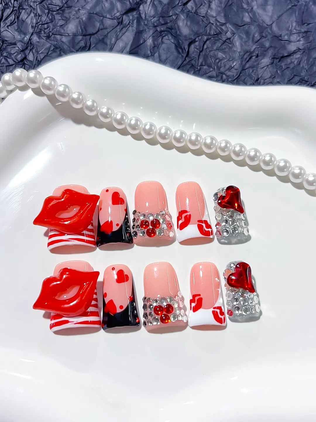 Nude Red White Silver Abstract Lip Heart Rhinestone 3D press on nails detail view