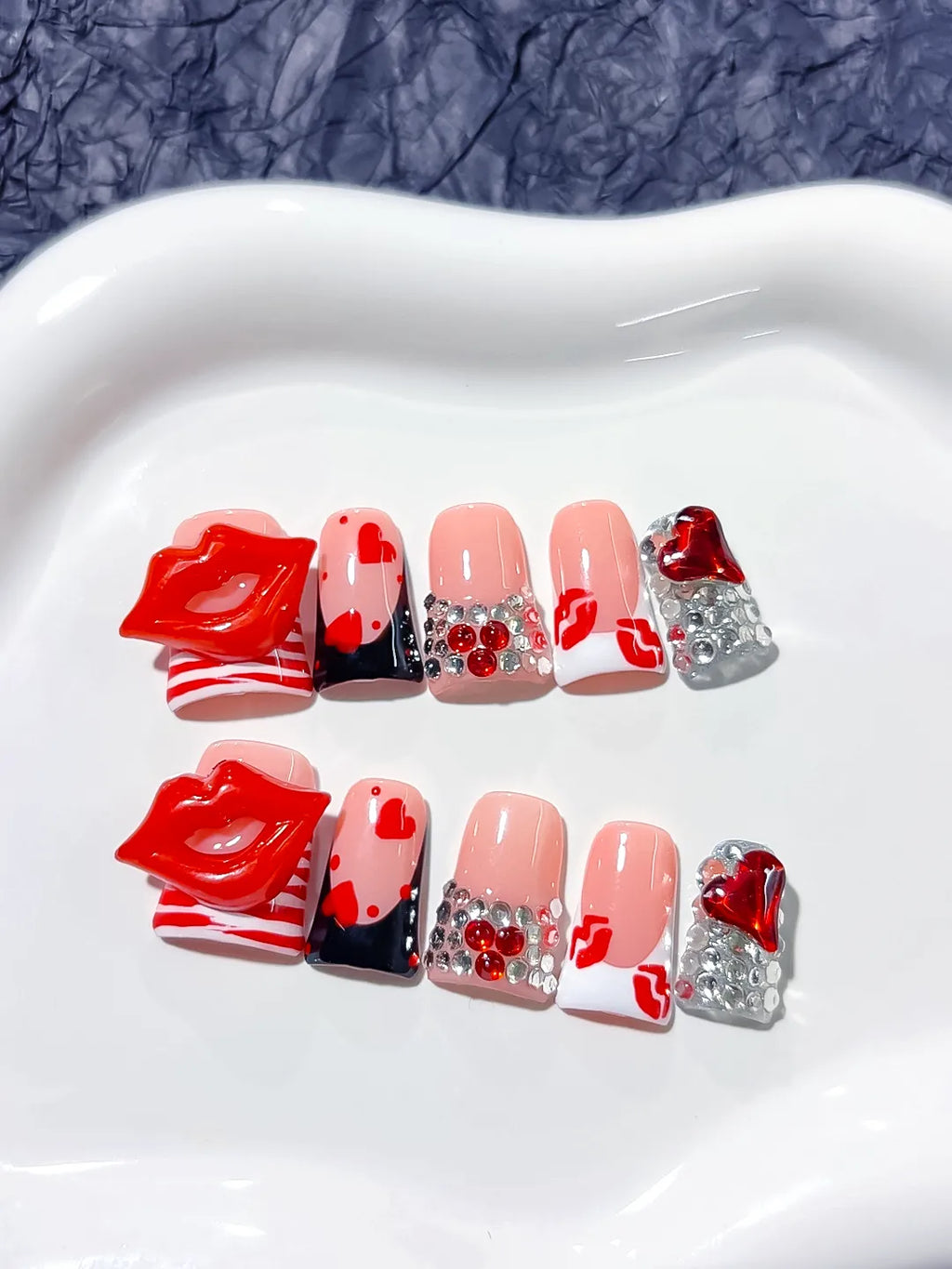 Nude Red White Silver Abstract Lip Heart Rhinestone 3D press on nails detail view