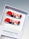 Nude Red White Silver Abstract Lip Heart Rhinestone 3D press on nails
