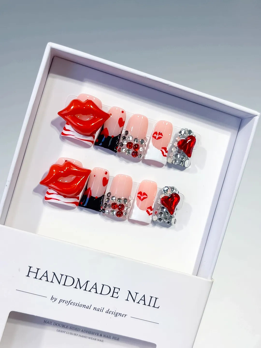 Nude Red White Silver Abstract Lip Heart Rhinestone 3D press on nails
