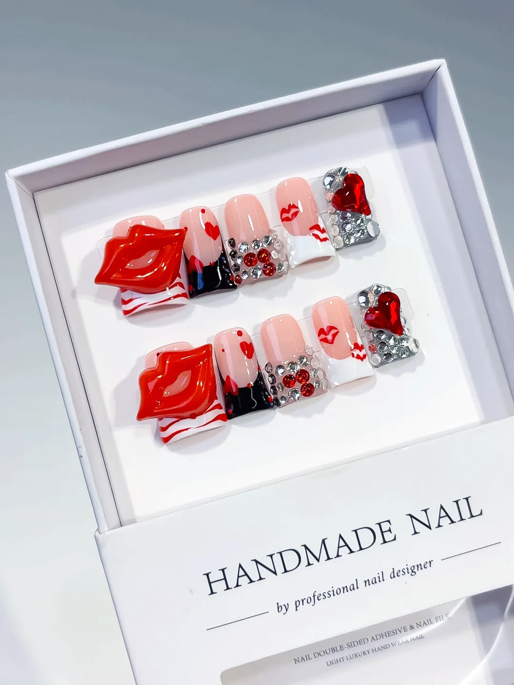 Nude Red White Silver Abstract Lip Heart Rhinestone 3D press on nails angled view